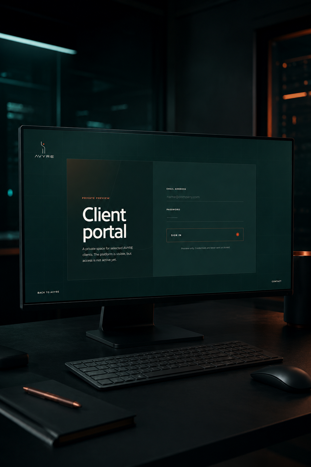 AVYRE-clientportaal op een monitor in een softwareomgeving