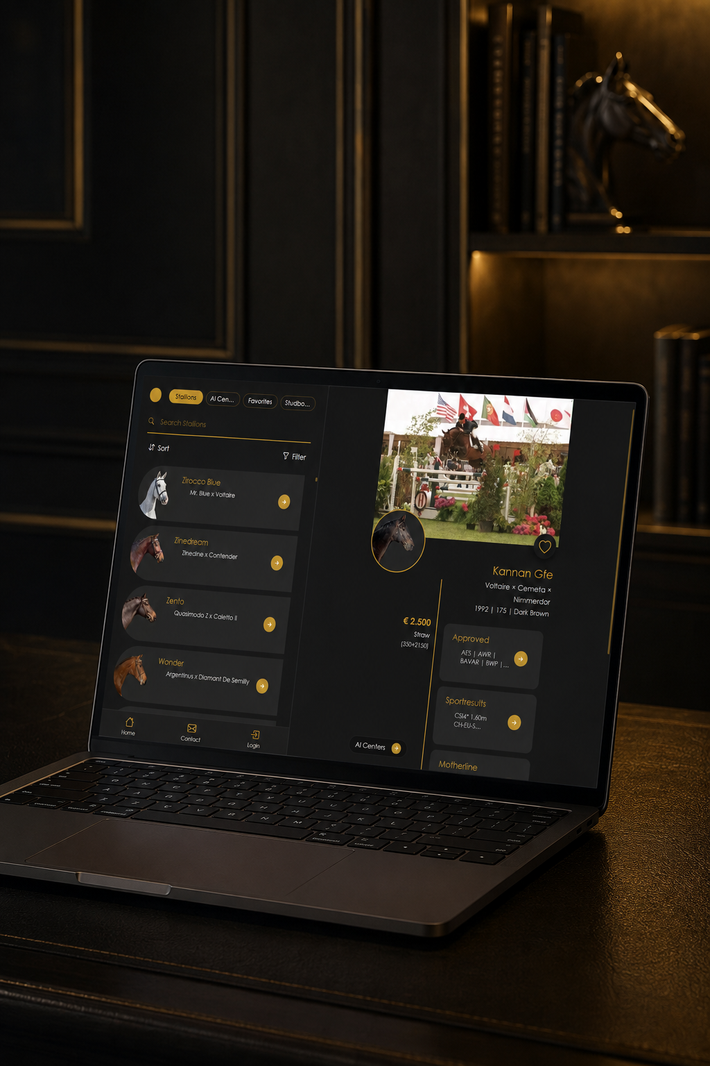 Equisem-webapp met hengstenoverzicht en paardendetails op een laptop