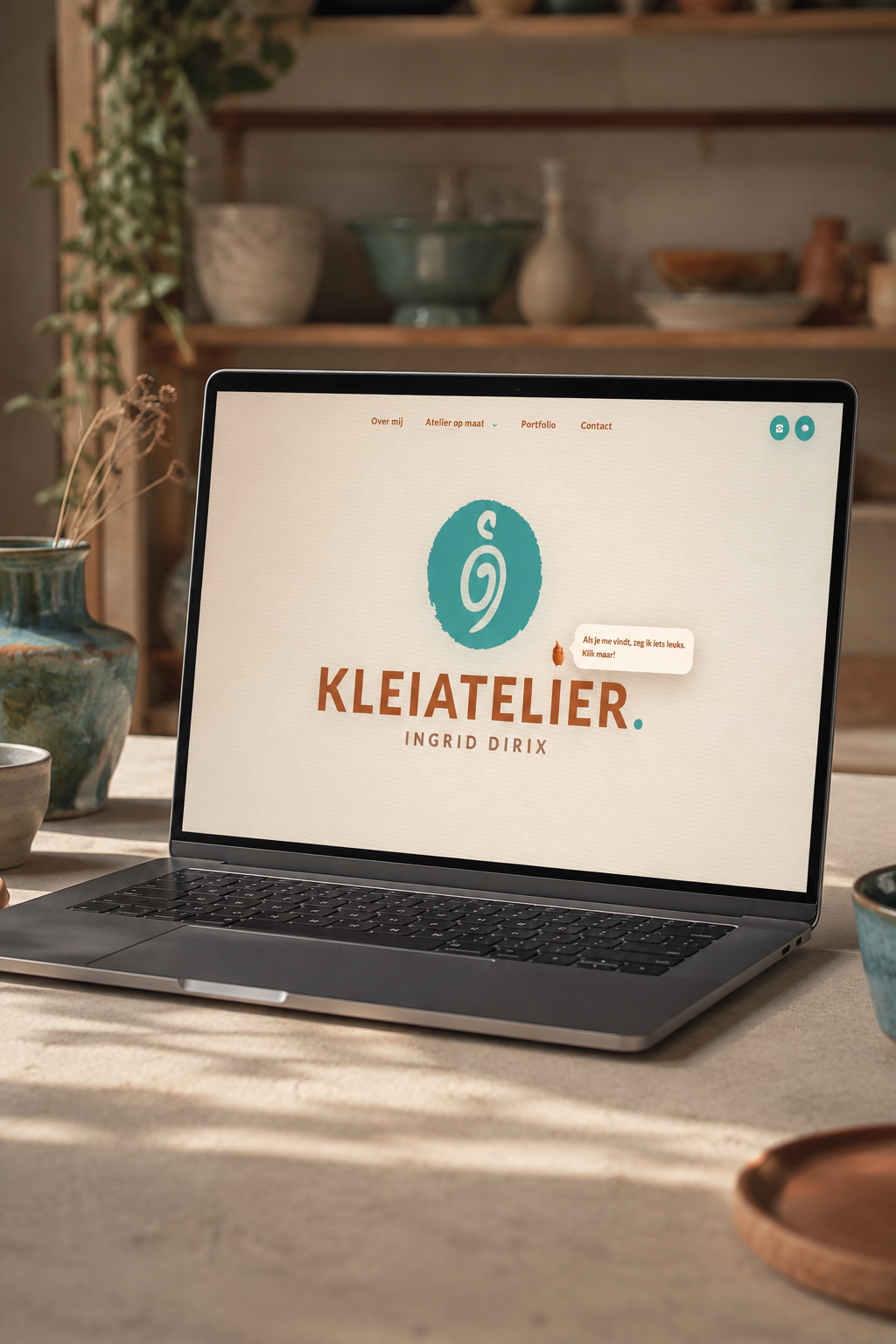 Kleiatelier Ingrid Dirix-website op een laptop in een keramiekatelier